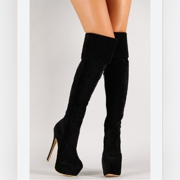 Glossi over the knee high heels suede women’s black with gold boots size 37 - Picture 1 of 16